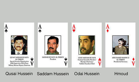 Qusai Hussein, Iraqi President Saddam Hussein, Odai Hussein, and Saddam Hussein's presonal secretary and cousin Abed Hameed Hmoud are part of a deck of 55 playing-sized cards to be distributed among members of Coalition forces to aid in finding and capturing top former Iraqi leaders, U.S. Army Brigadier General Vincent Brooks announced, Central Command Center, Camp AsSayliyah, outside Doha, Qatar, April 11, 2003.